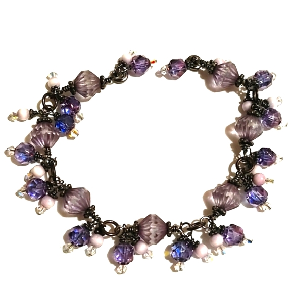 VINTAGE LAVENDER & BLUE GLASS CRYSTAL BEADED SILVER MAGNETIC CLASP 7.5" BRACELET - Picture 7 of 11